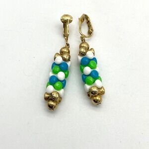 Sarah Coventry Clip On Dangle Earrings Colorful Beaded Gold Tone Costume Jewelry